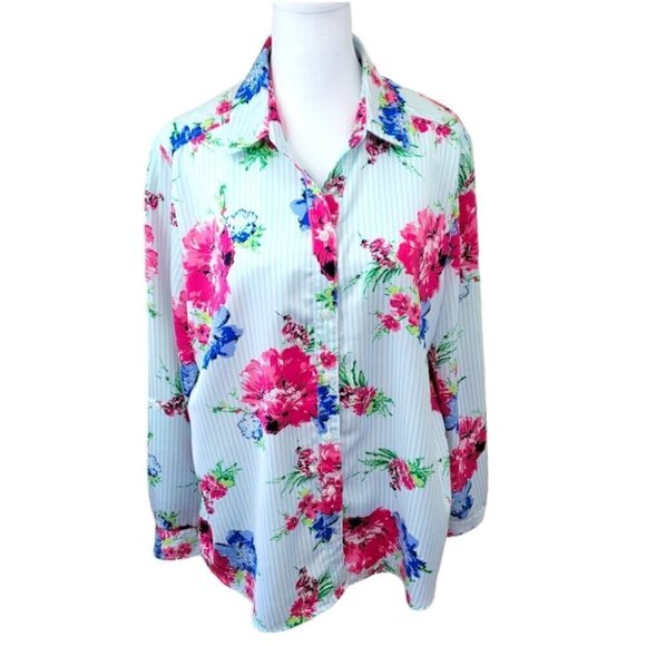 Chico’s Striped Floral Print Blouse Roll Tab Sleeve Pink Blue Women’s Size L - Picture 1 of 13